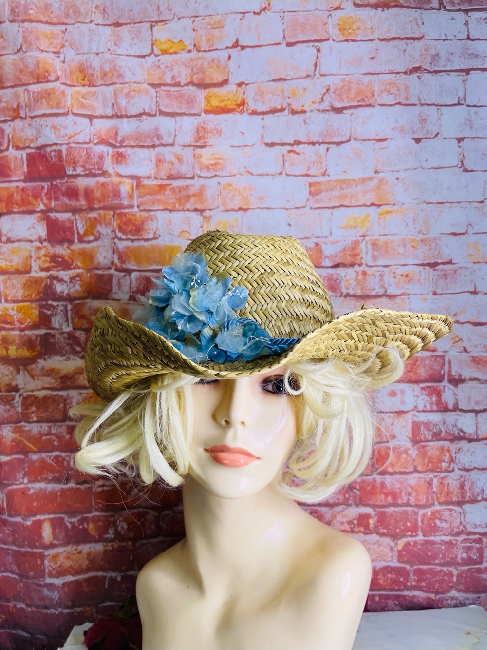 Shapable Staw Cowboy Hat with Blue Floral Trim